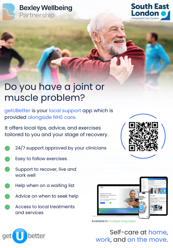 Do you have a joint or muscle problem? getUBetter is your local support app which is provided alongside NHS care. It offers local tips, advice, and exercises tailored to you and your stage of recovery. 24/7 support approved by your clinicians Easy to follow exercises Support to recover, live and work well Help when on a waiting list Advice on when to seek help Access to local treatments and services
